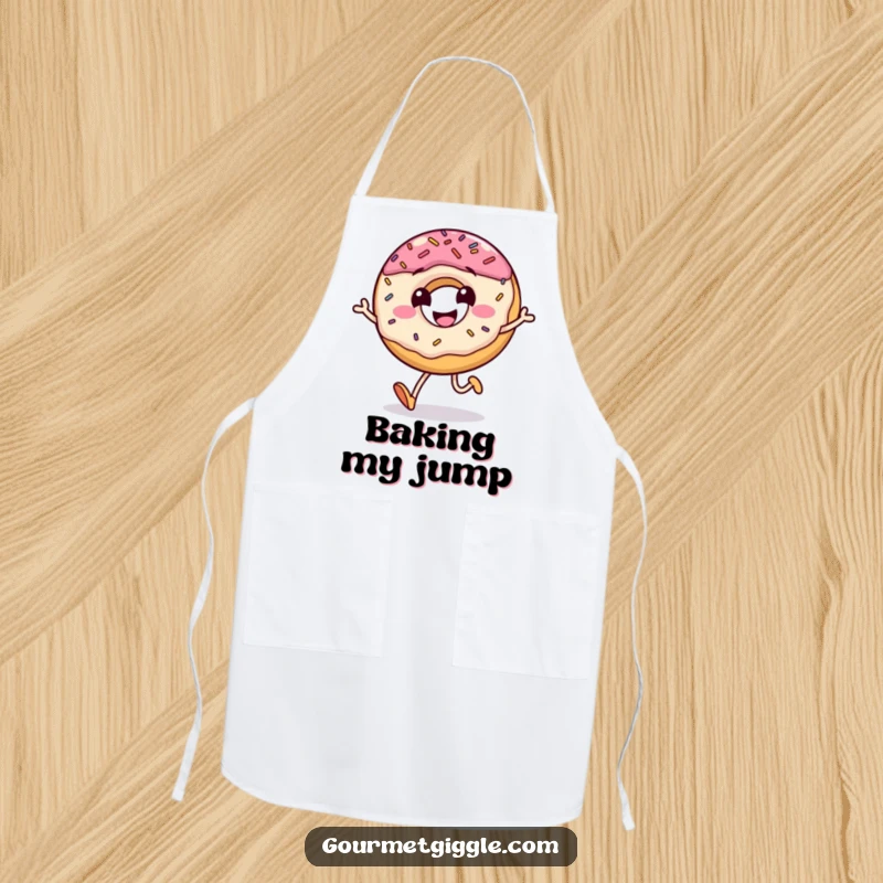 Funny apron depicting a grinning donut doing a little jump with sprinkles flying, a humorous and practical baking accessory.