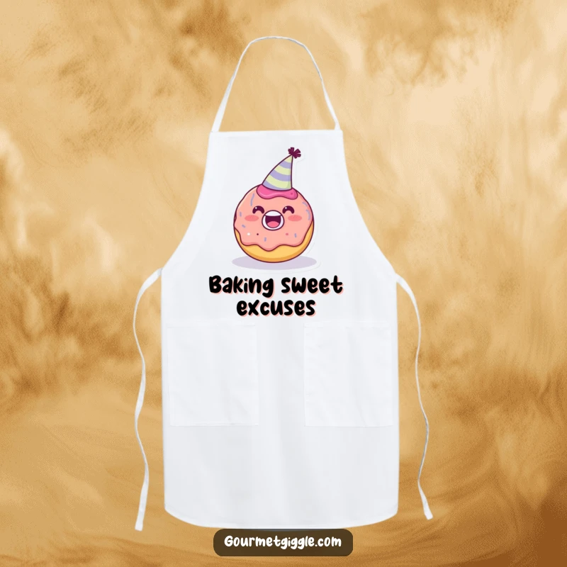 Funny delighted donut character wearing a tiny party hat on an apron, cheerful kitchen wear, a great funny gift for bakers.
