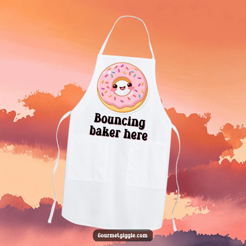 Funny donut apron showing a happily bouncing sprinkled donut, perfect for a joyful baker.