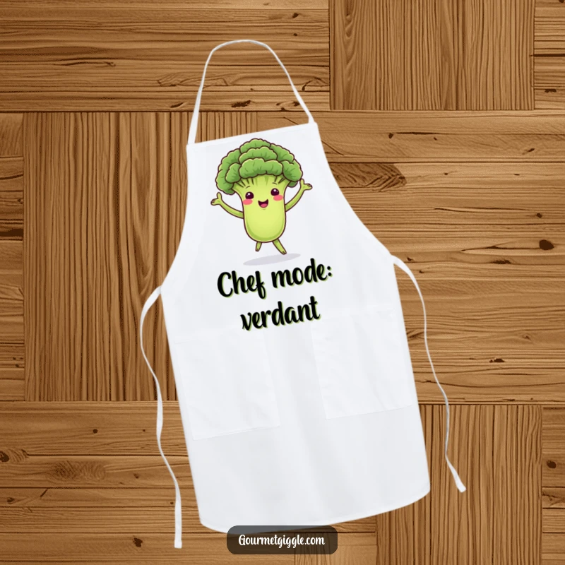 Funny apron featuring a dancing broccoli floret with green arms, swaying energetically, perfect for adding humor to cooking duties.