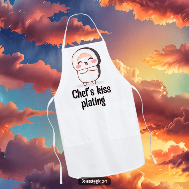 Funny Apron designed with a smiling sushi roll performing a graceful bow, bringing polite energy to the kitchen.