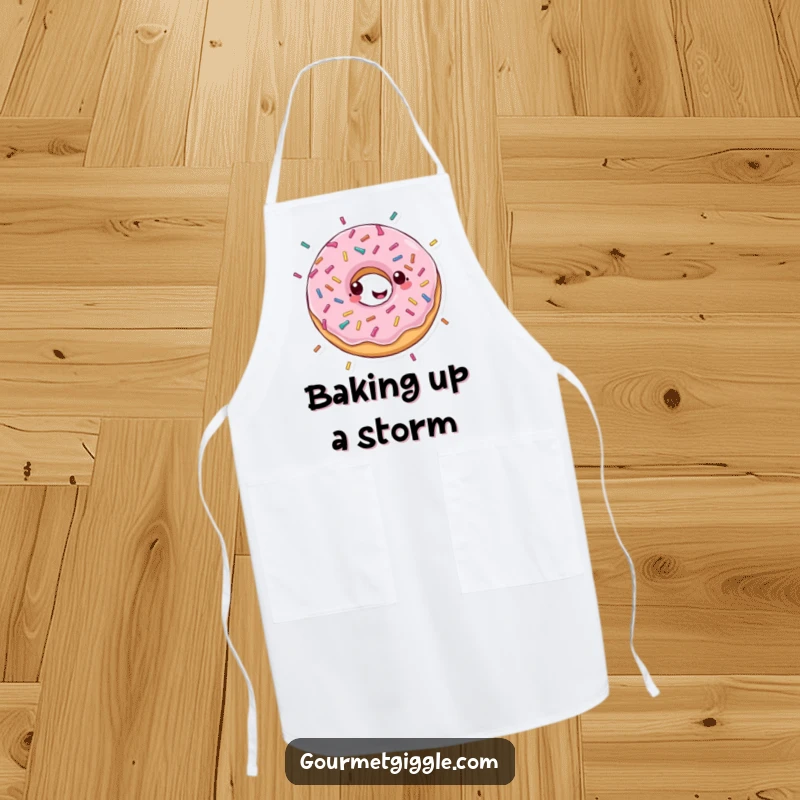 Funny apron showcasing a gleeful donut happily spinning with sprinkles showering down, perfect for adding sweet humor to baking.