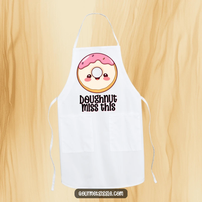 Funny donut character apron, a cheerful, round donut with a delighted expression, perfect for sweet culinary amusement.