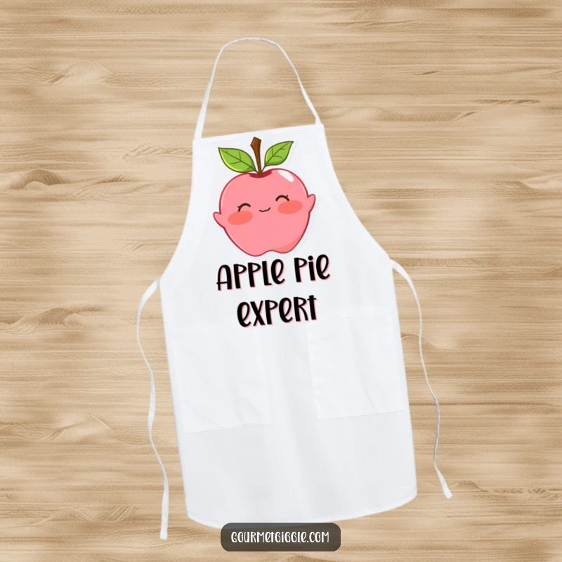 Funny apple apron featuring a blushing fruit with leaf hair, doing a playful curtsy. A charming kitchen accessory.