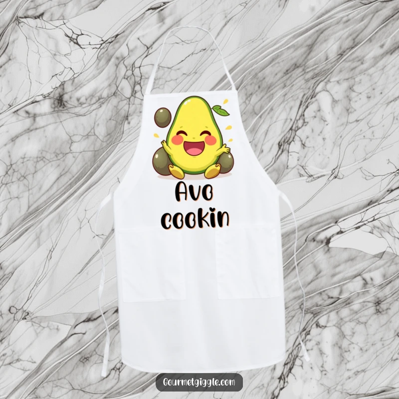 Funny Apron designed with a beaming avocado happily juggling pits, bringing playful energy to the kitchen.