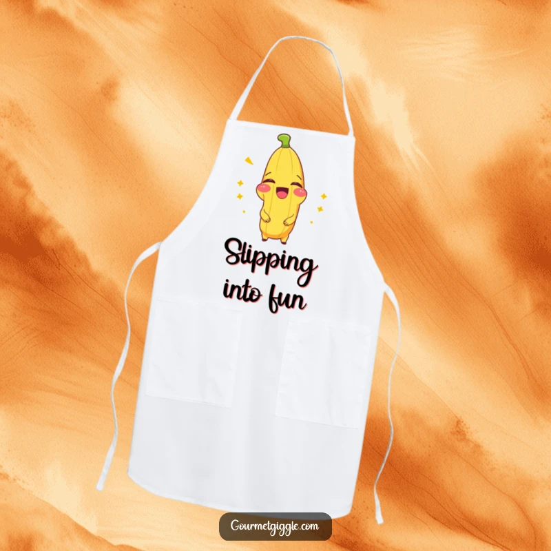 Funny apron featuring a beaming banana splitting with laughter, showing a chef in action with comical flair.