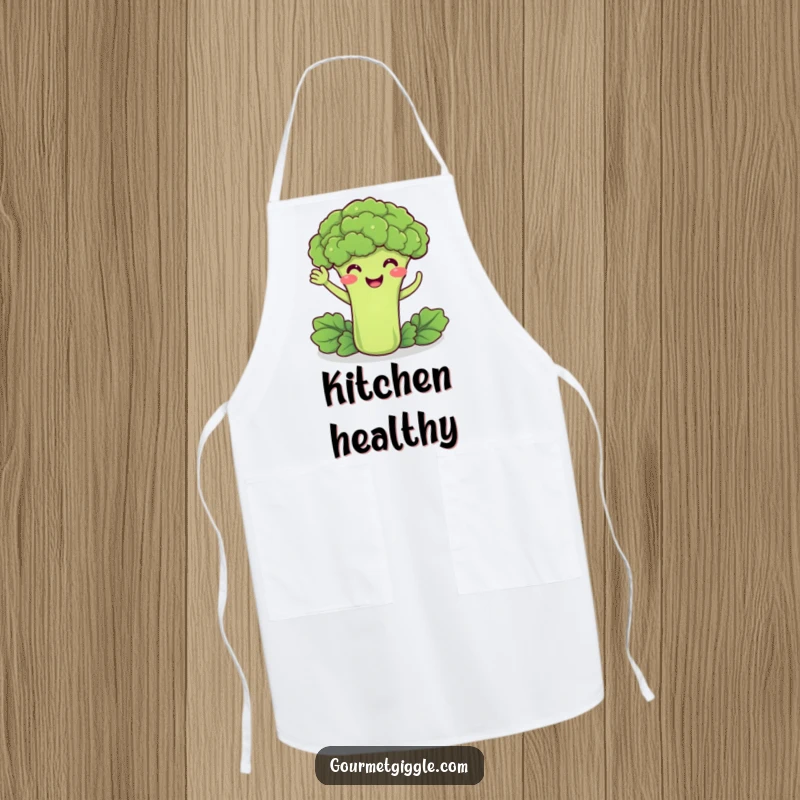 Funny apron featuring a delighted broccoli smiling and doing a friendly wave, for a cheerful and healthy cooking experience.