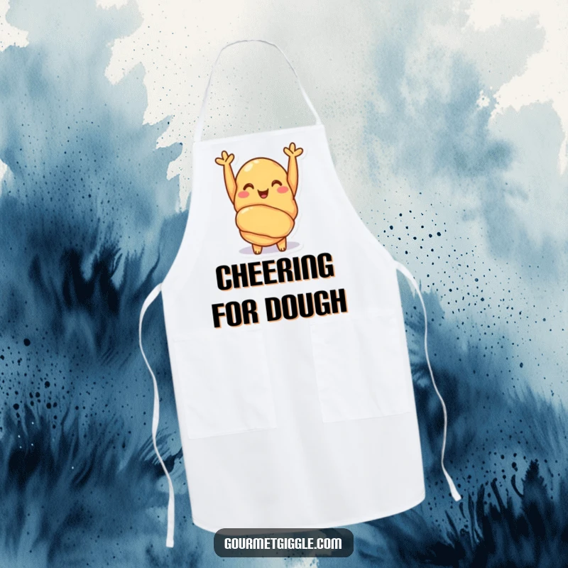 Funny croissant apron featuring a cheerful pastry with arms raised in a happy cheer. A delightful kitchen accessory for baking.