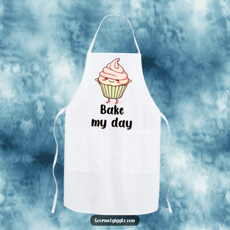 Funny Apron designed with a cheerful cupcake happily jigging, bringing playful energy to the kitchen.