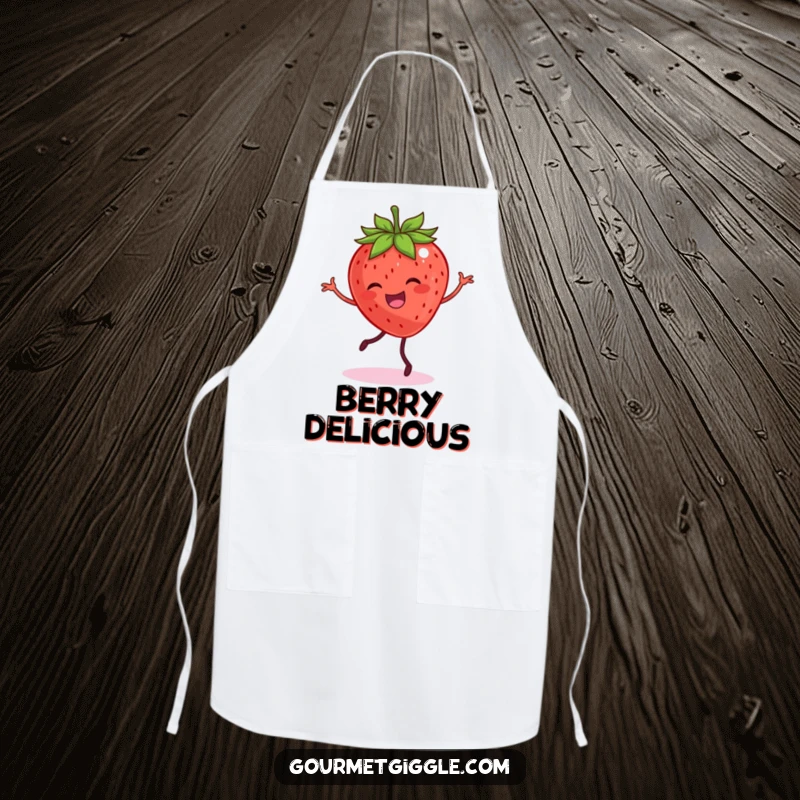 Funny apron with a smiling strawberry with legs dancing joyfully, perfect for kitchen fun.
