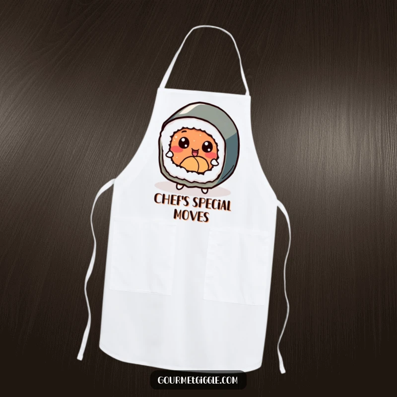 Funny delighted sushi roll with expressive eyes, joyfully dancing on a fun and functional cooking apron.