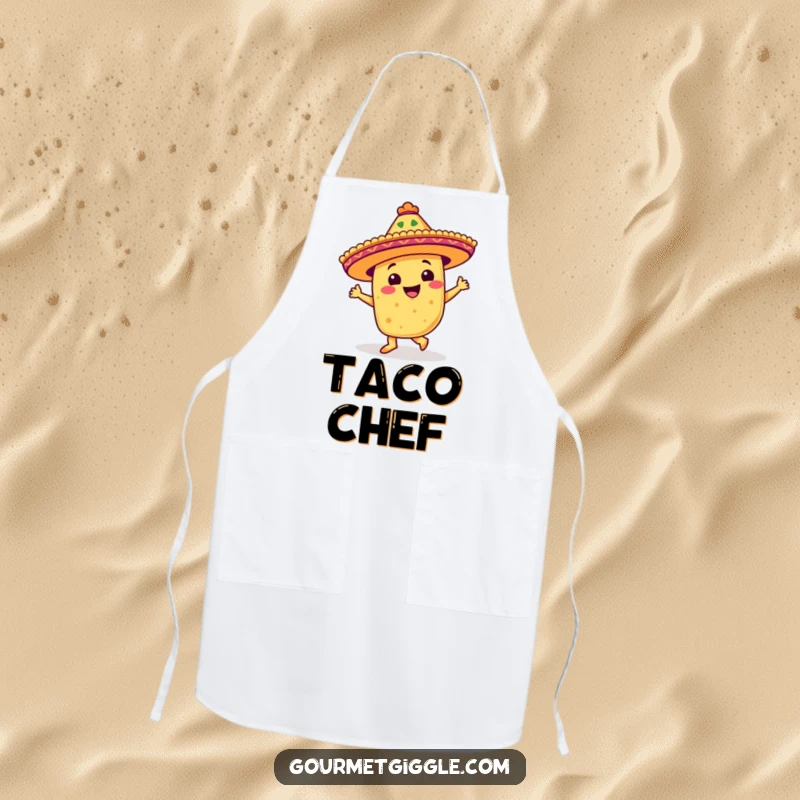 Funny apron showcasing a beaming taco with a festive sombrero doing a salsa step, ideal for kitchen use.