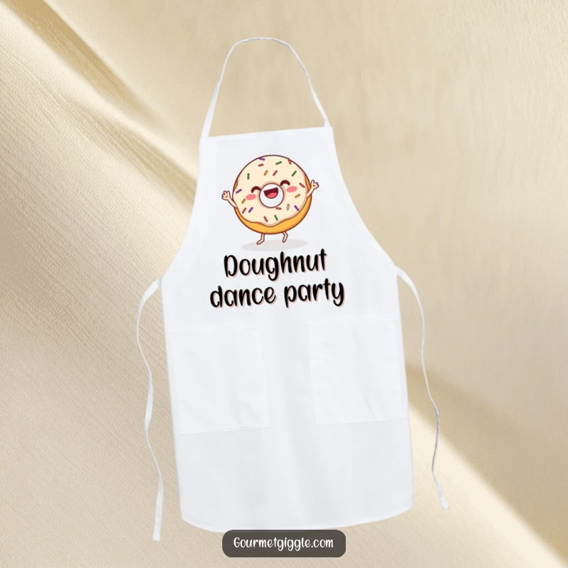 Funny donut apron with sprinkles doing a joyful wiggle dance, a cheerful kitchen accessory for culinary fun. Great for cooking and baking.