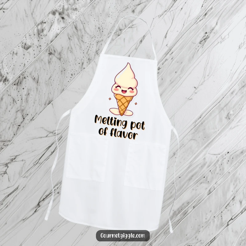 Funny melting ice cream cone apron, a happy, slightly melting dessert character, protecting clothes with a splash of sweet humor.