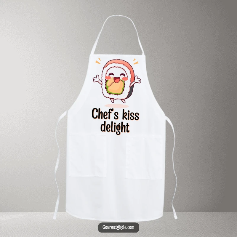 Funny sushi roll apron adorned with a delighted, jumping sushi roll, making kitchen tasks a humorous and enjoyable experience.