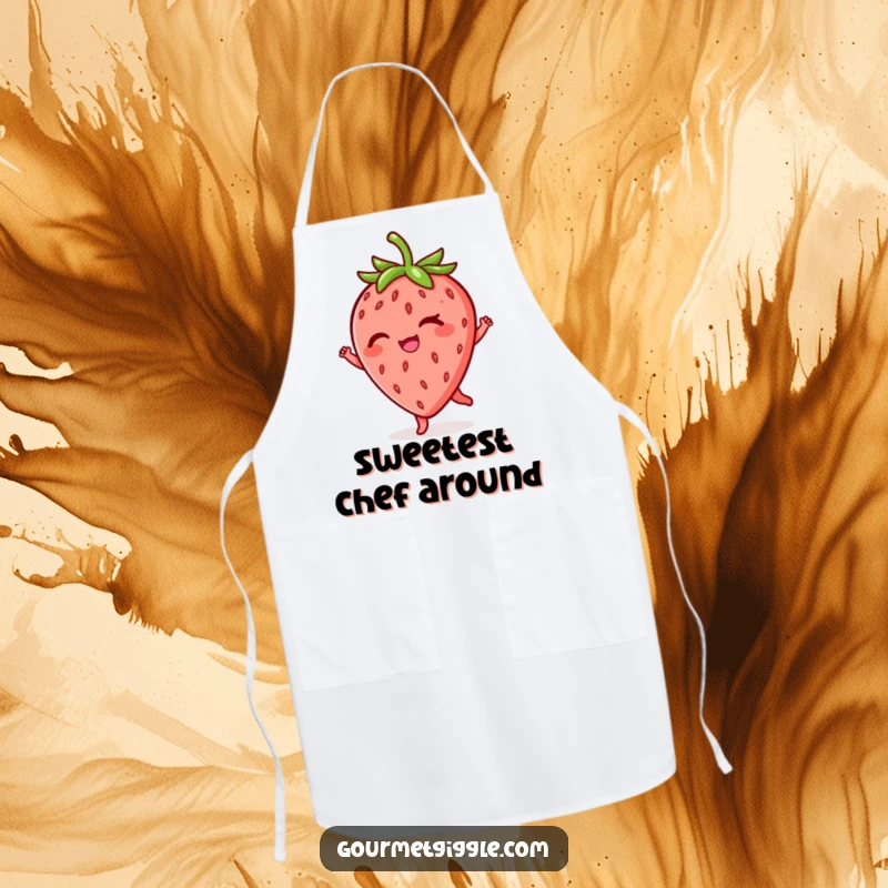 Funny winking strawberry apron, designed for chefs and home cooks, features a dancing fruit with a wink, great for kitchen humor.