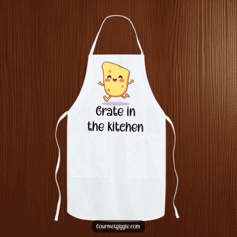 Funny cheese slice character apron, a happy, round cheese piece doing a wobbly trot, perfect for culinary amusement.