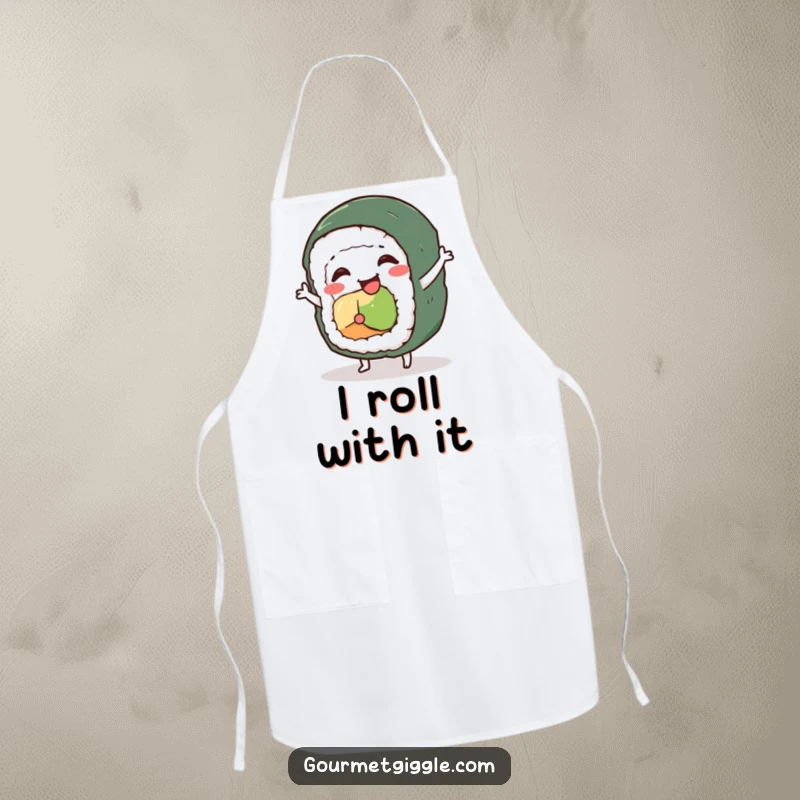 Funny sushi roll character apron, a wobbly roll attempting a silly dance, perfect for culinary fun.