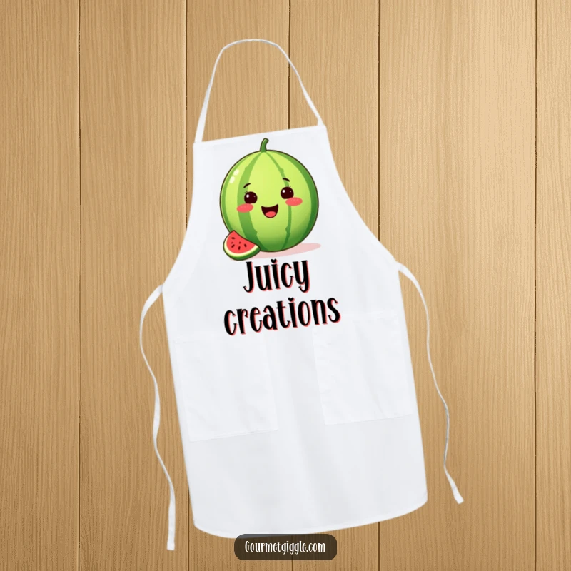 Funny apron featuring a proud watermelon with a missing slice, beaming with summer cheer, for a fun kitchen experience.