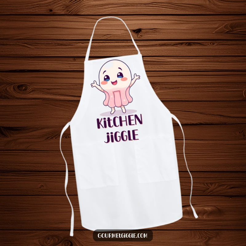 Funny Jelly Apron showcasing a wobbly jelly character doing a happy dance, ready to cook.