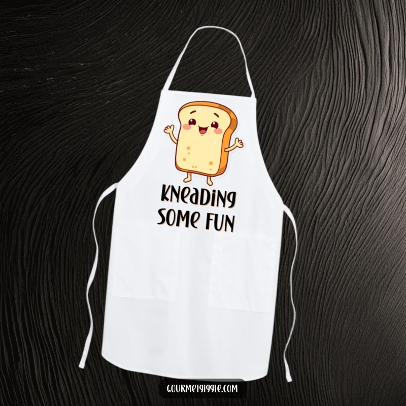 Funny grinning bread loaf with arms, cheerfully waving hello on a fun and functional cooking apron.