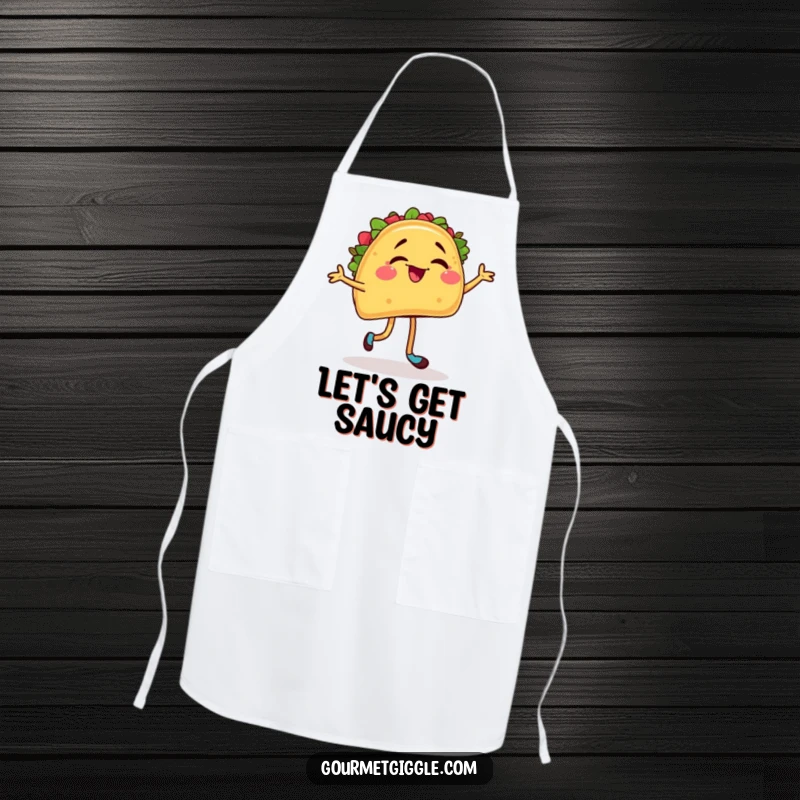 Funny apron showcasing a winking taco in a lively salsa dance, perfect for adding humor to cooking and baking.