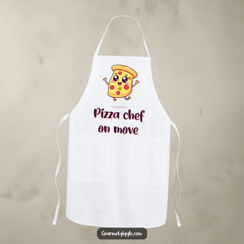 Funny apron featuring a gleeful pizza slice with legs, jumping enthusiastically, perfect for adding humor to kitchen duties.