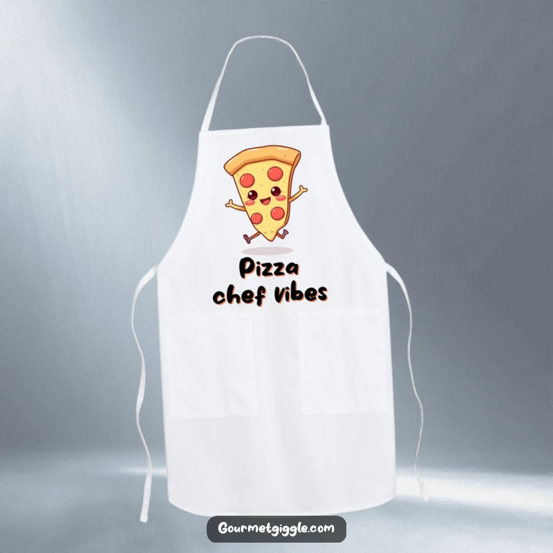 Funny pizza apron adorned with a smiling slice of pizza, complete with tiny legs, skipping cheerfully.