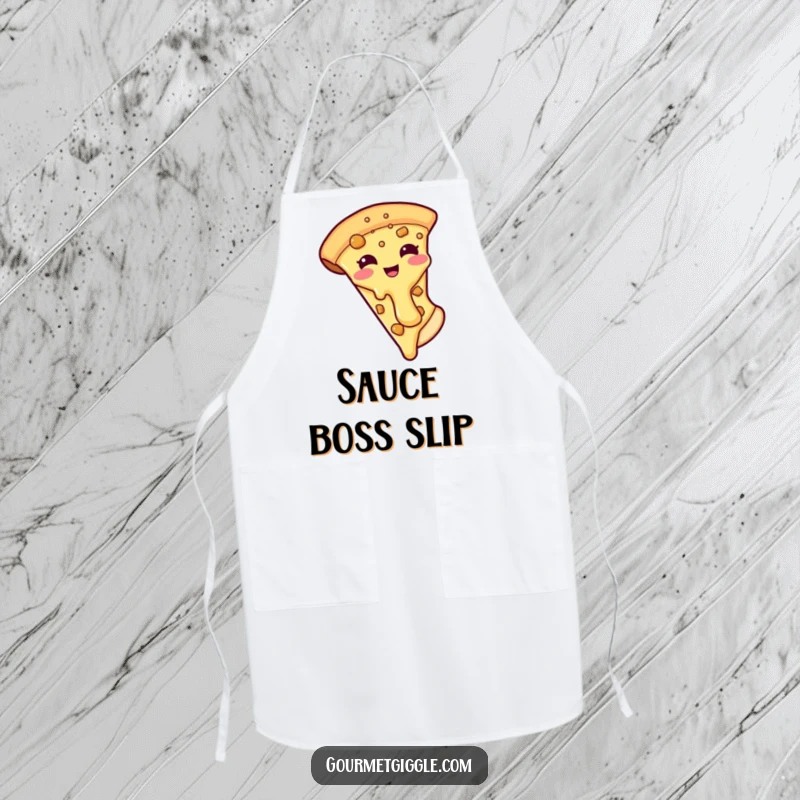 Funny apron depicting a smiling pizza slice with its cheesy topping comically sliding off, a humorous and practical kitchen accessory.