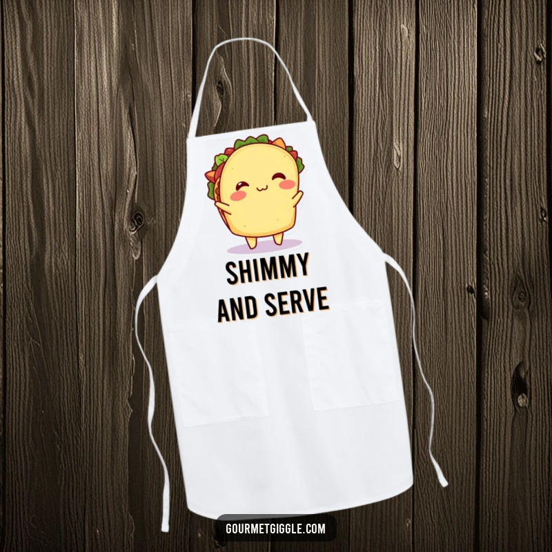 Funny Taco Apron: A chef’s apron adorned with a happy taco shimmying enthusiastically, its filling in motion, making meal prep a hilarious event.