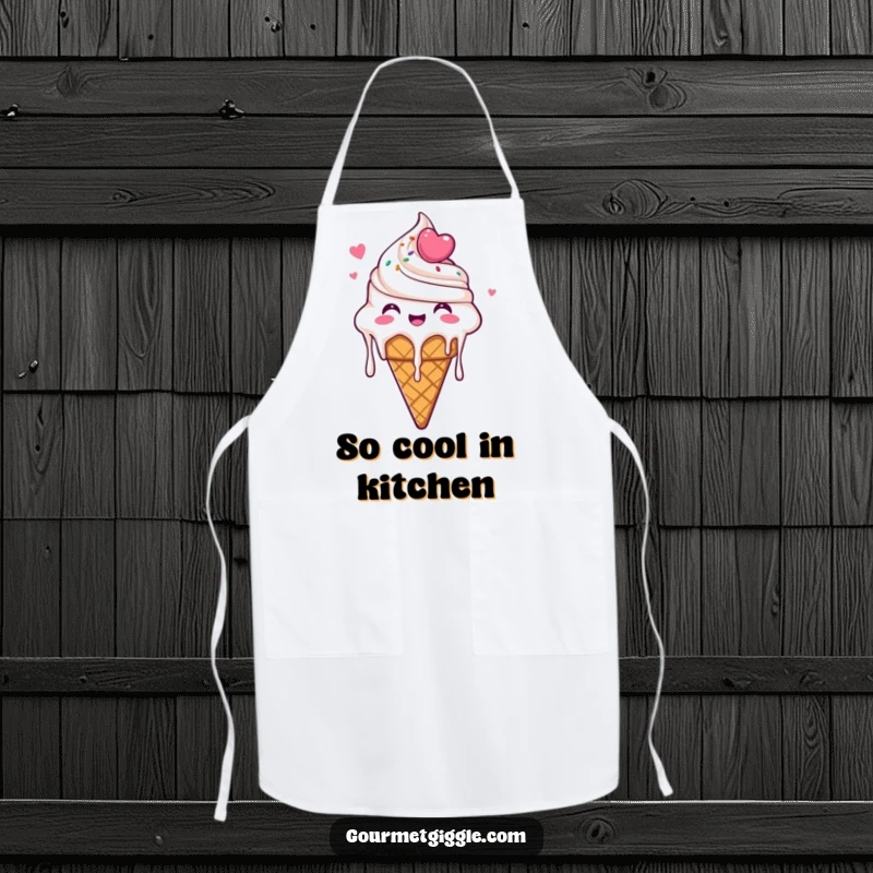 Funny Ice Cream Cone Apron showing a delighted ice cream cone dripping with glee, making cooking a fun and humorous experience.