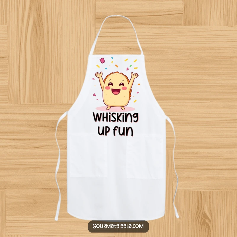 Funny taco apron with arms joyfully throwing confetti, perfect for kitchen use and adding humorous, festive flair.