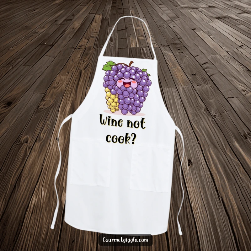 Funny laughing grapes apron, a chef’s apron adorned with a bunch of grapes wiggling and bouncing, adding kitchen humor and style.