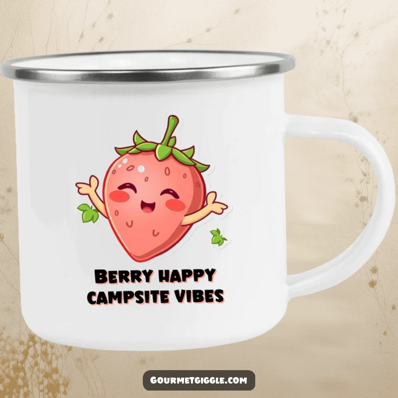 Smiling strawberry wiggling its green leaves like arms, perfect for holding beverages during humorous outdoor adventures.