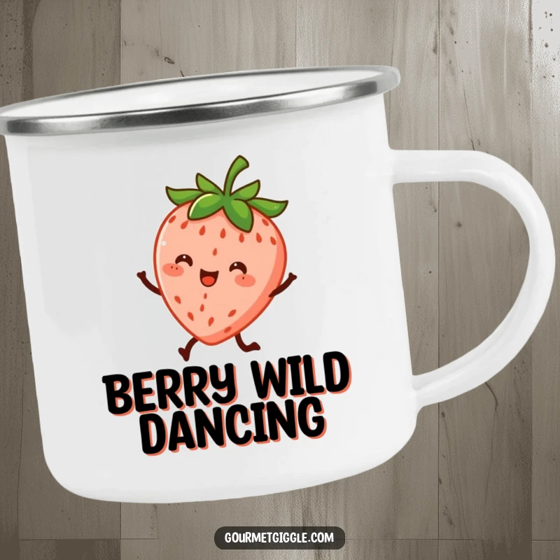 Funny camping mug with a cheerful strawberry character energetically dancing on its little legs, perfect for outdoor fun and cheer.
