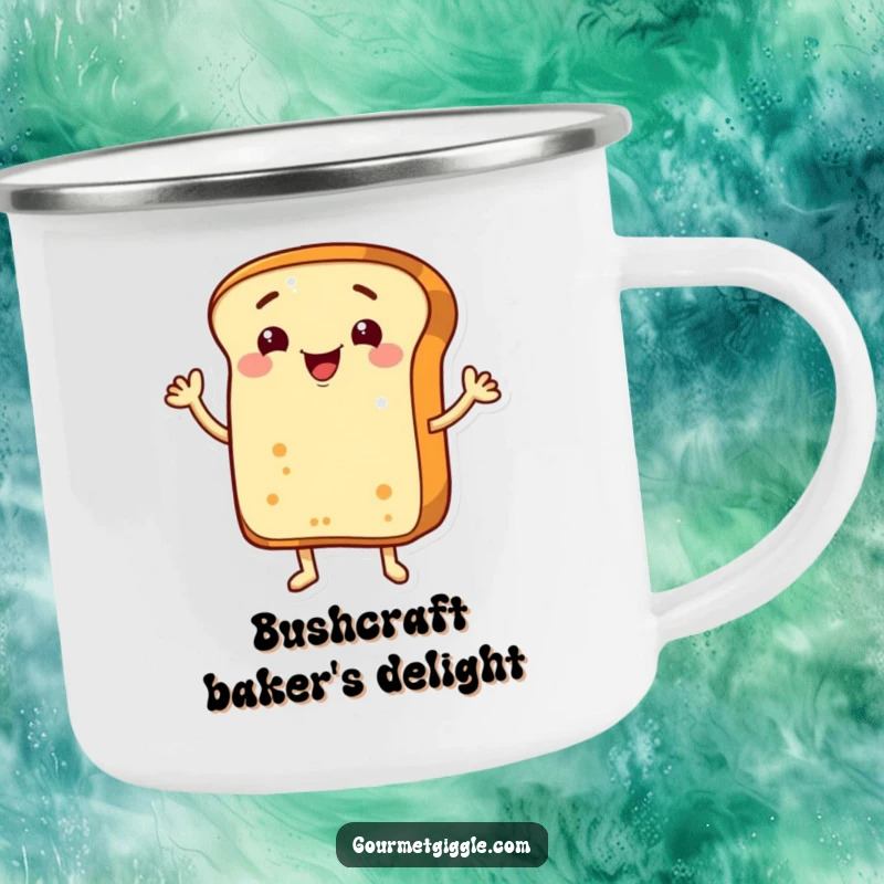 Funny grinning bread loaf with arms, cheerfully waving hello on a durable and cheerful camping mug.