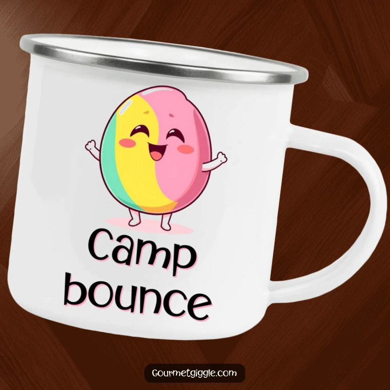 Funny camping mug with a delighted candy bouncing excitedly with a silly grin, for sweet treats and outdoor fun.
