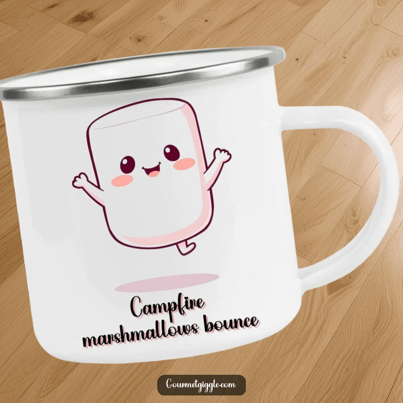 Funny Marshmallow Bounce Camping Mug: A happy marshmallow bounces, perfect for enjoying warm drinks around the campfire with a dose of humor.