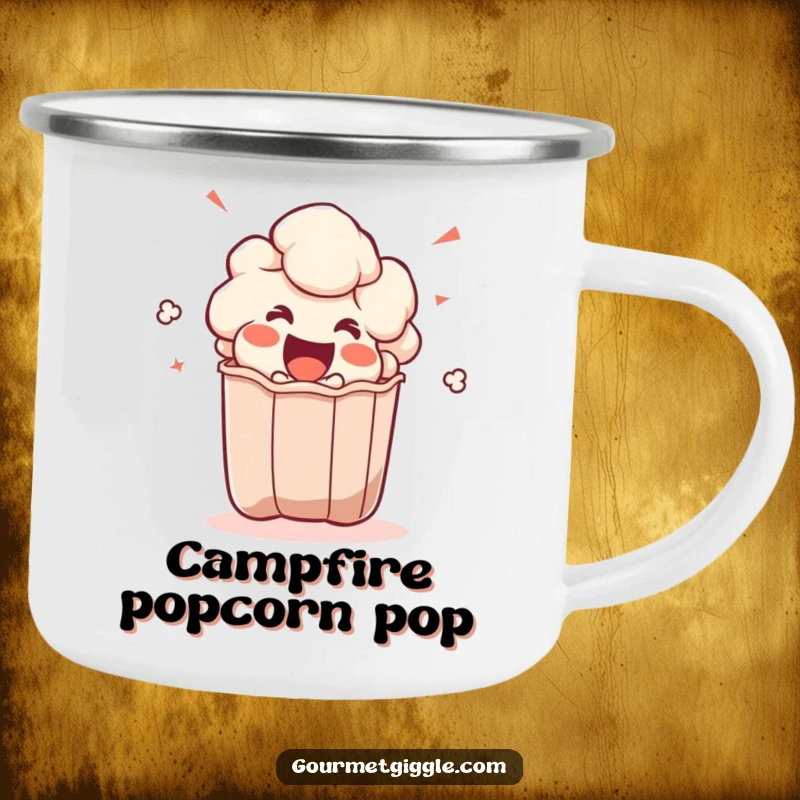 Funny popcorn kernel camping mug showing a happy character popping out of a bag, ideal for outdoor movie nights and happy campers.