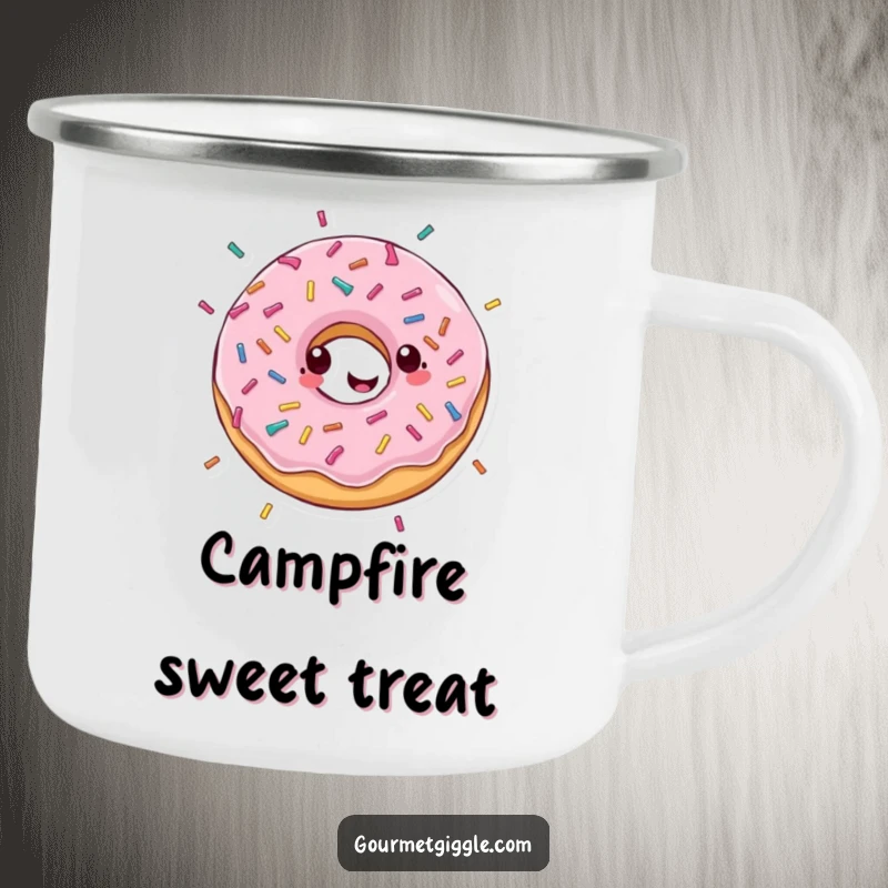 Funny camping mug featuring a gleeful donut in a happy spin with sprinkles showering down, perfect for sweet-loving outdoor enthusiasts.