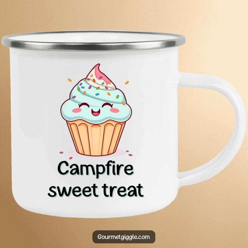Funny enamel camping mug with a giggling cupcake under a shower of sprinkles. Humorous and rugged, a great funny gift.