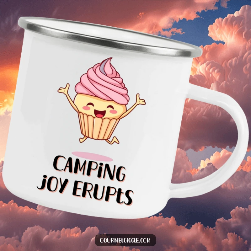 Funny cupcake camping mug, robust and cheerful, depicting a jubilant cupcake in mid-air.