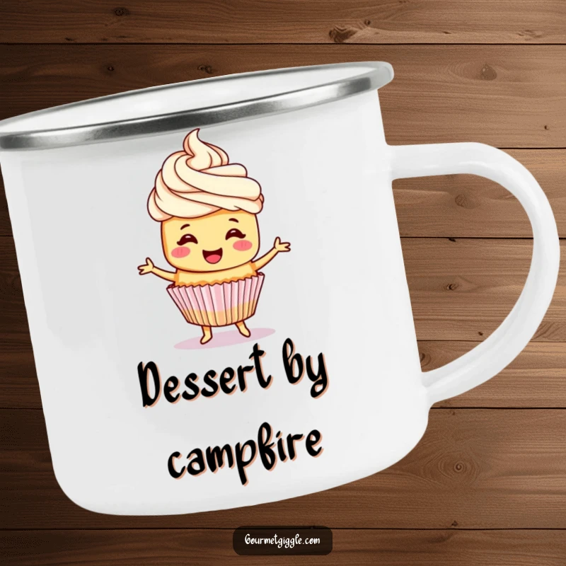 Funny cupcake camping mug featuring a cheerful cupcake with frosting hair, dancing happily for outdoor enjoyment.