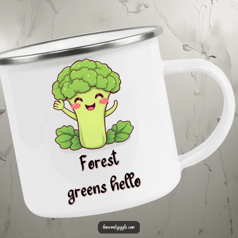 Funny camping mug showing a delighted broccoli smiling and doing a friendly wave, ideal for healthy drinks outdoors.