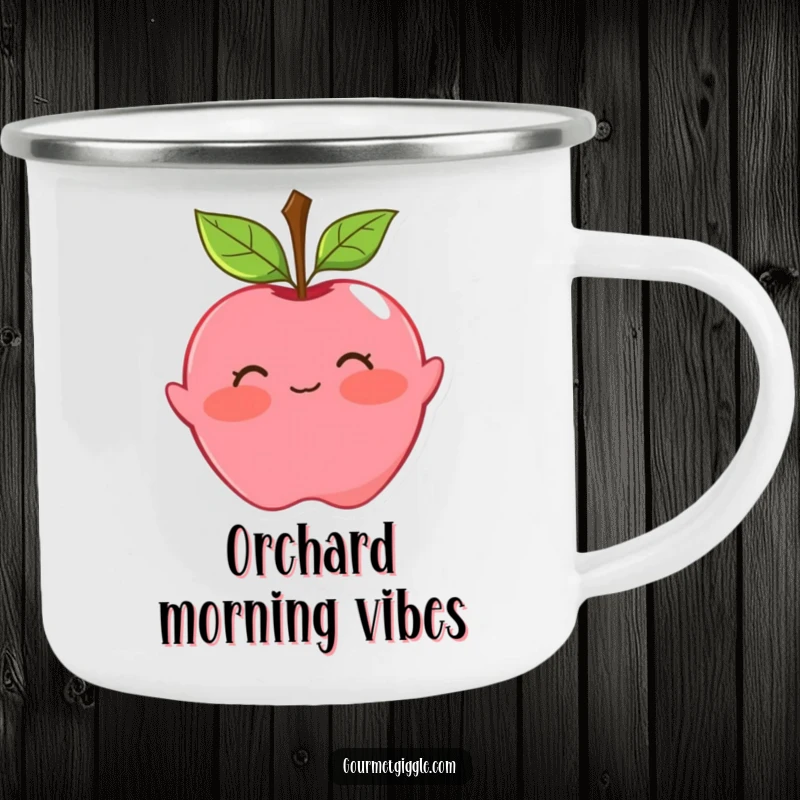 Funny apple camping mug with a blushing fruit doing a playful curtsy, perfect for outdoor enjoyment. Sturdy and delightful.