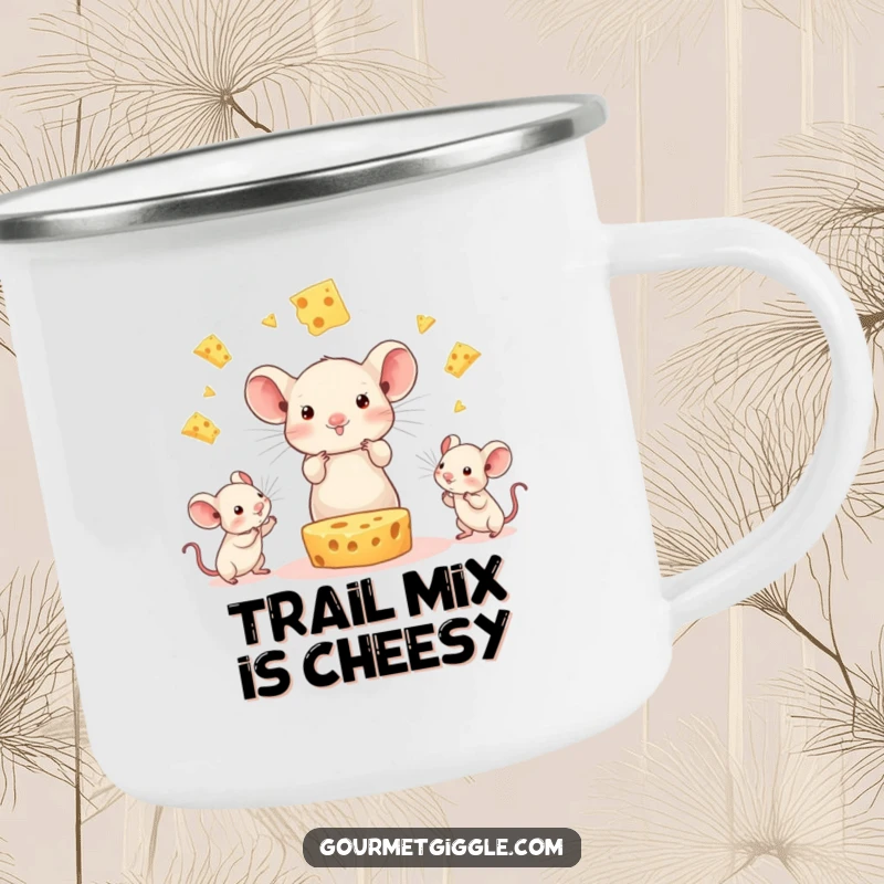 Funny Cheese Juggling Mice Camping Mug: A happy cheese slice juggles tiny mice, perfect for enjoying beverages around the campfire with a laugh.