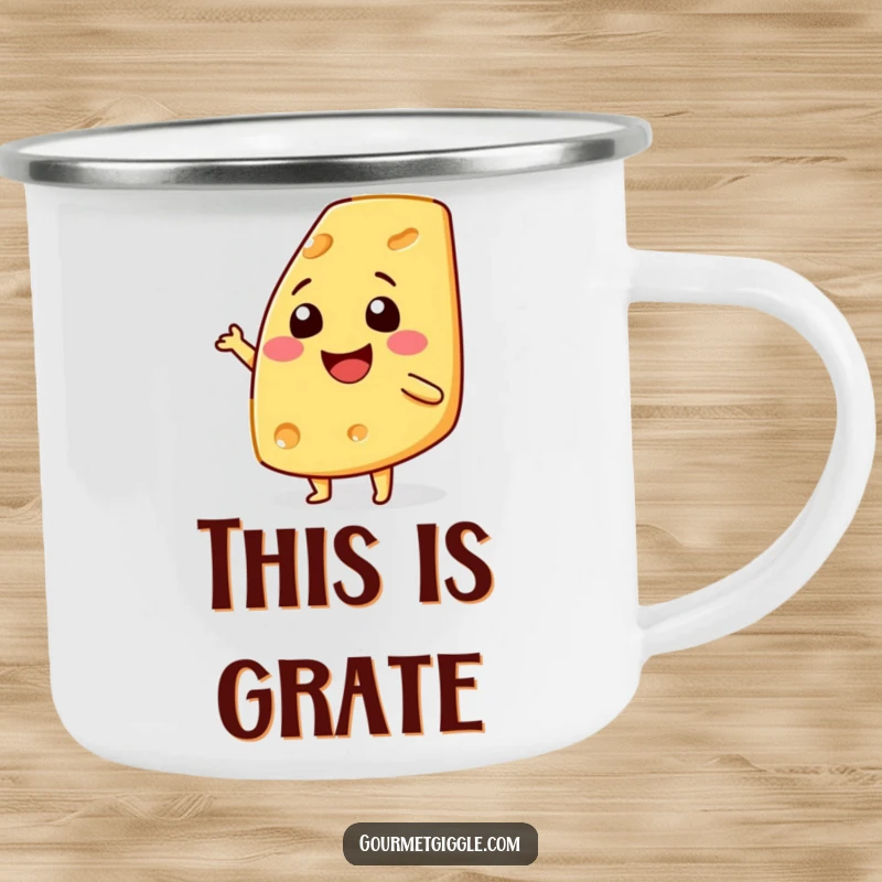 Funny smiling cheese wedge camping mug, enamel finish, boasts a dancing cheese wedge, ideal for outdoor enthusiasts with a sense of humor.