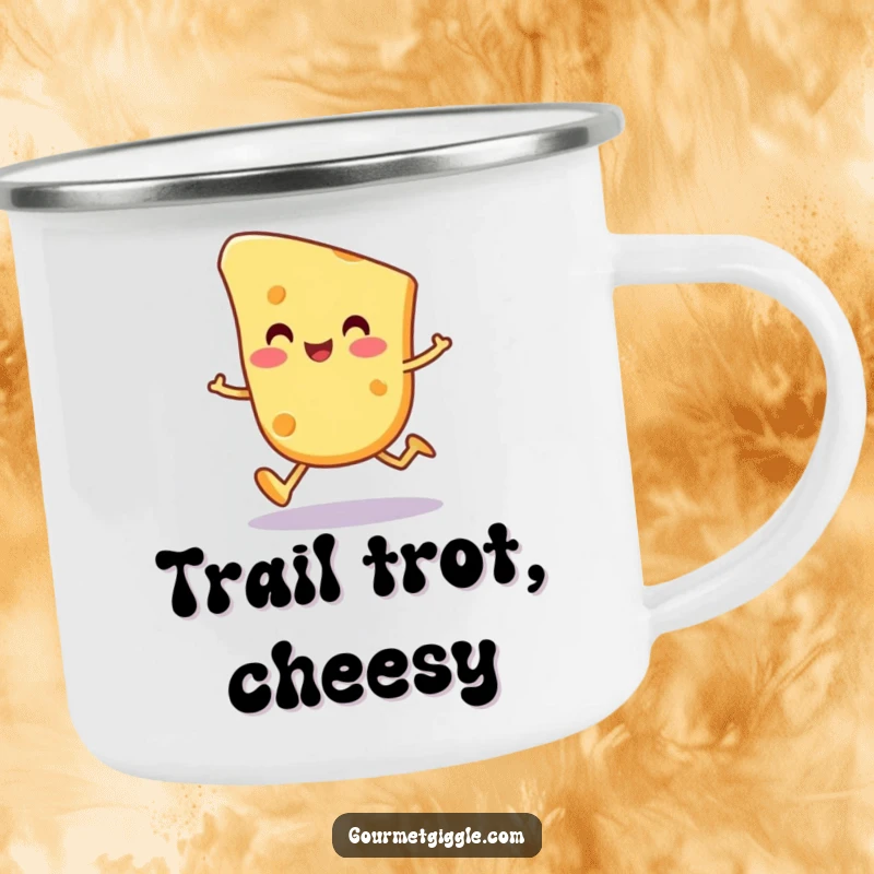 Funny cheese slice character camping mug, a happy, round cheese piece doing a wobbly trot, bringing cheesy fun outdoors.