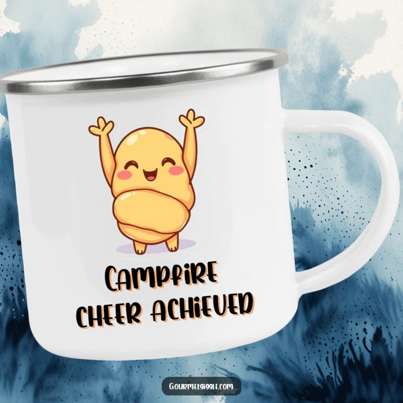 Funny croissant camping mug with a cheerful pastry giving a happy cheer, perfect for enjoying beverages outdoors. Sturdy and delightful.