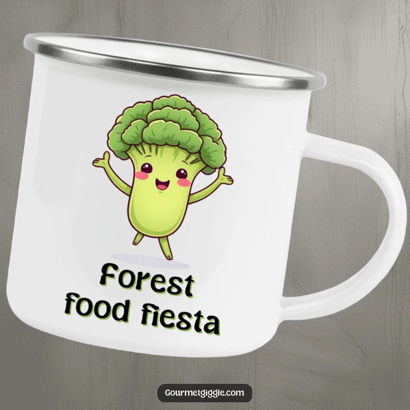 Funny camping mug with a dancing broccoli floret with green arms, swaying merrily, perfect for outdoor meals and adding a cheerful vibe to any adventure.